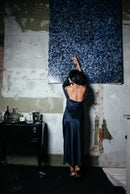Satin midi dress with open back – Dark blue