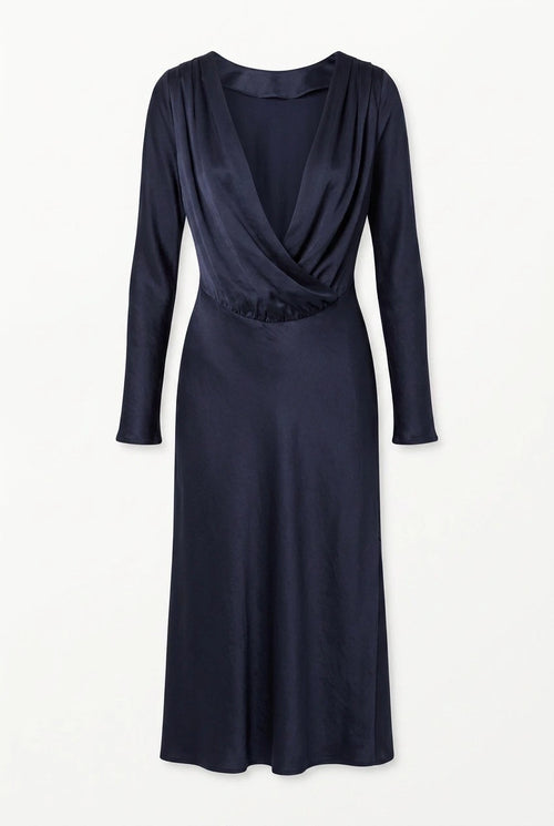 Satin midi dress with open back – Dark blue