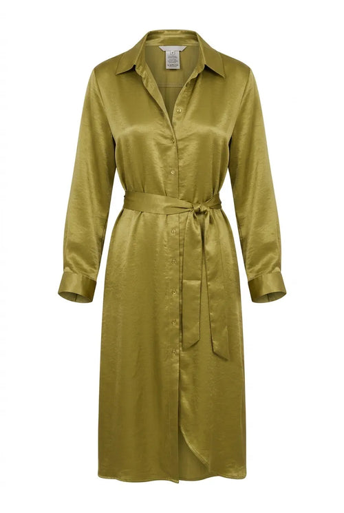 Elegantes Hemdblusenkleid in Satin-Optik mit Bindegürtel und Taschen