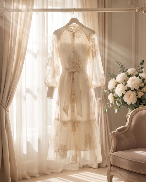 Embroidered gauze wedding dress – cream