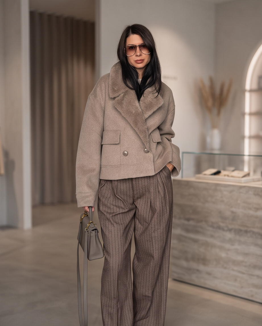 Kurze Wolljacke mit Kunstfellkragen