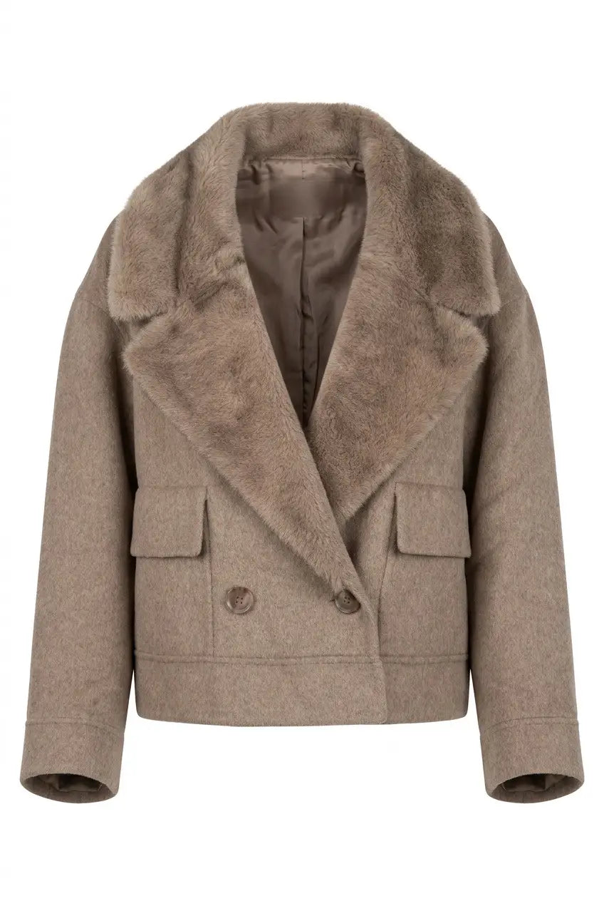 Kurze Wolljacke mit Kunstfellkragen