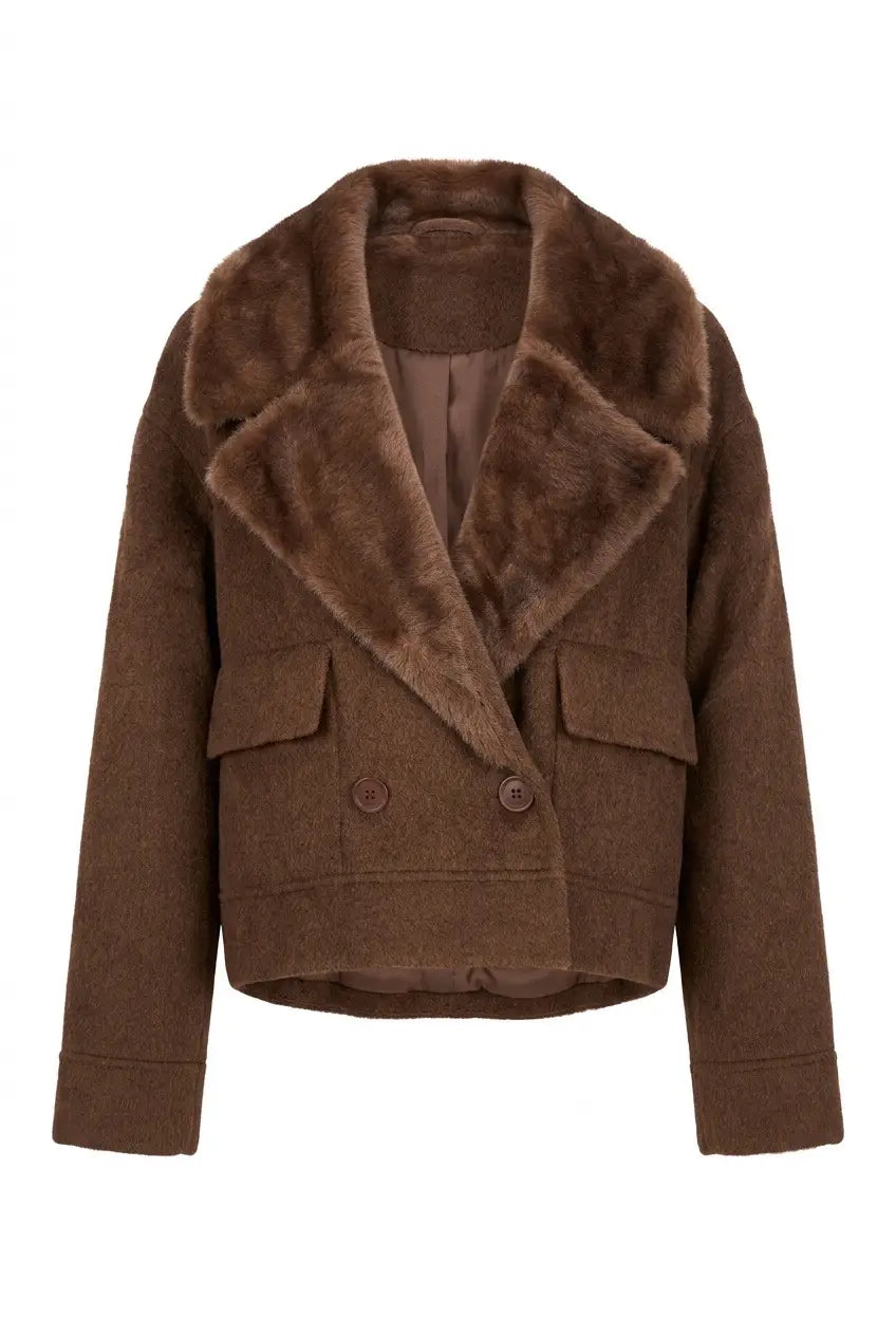 Kurze Wolljacke mit Kunstfellkragen