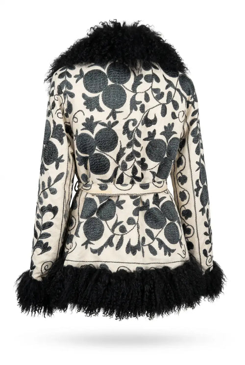 Mantel mit Pelz- & Wollbesatz – Schwarz/Creme