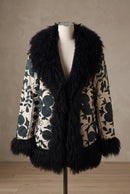 Mantel mit Pelz- & Wollbesatz – Schwarz/Creme