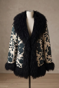 Mantel mit Pelz- & Wollbesatz – Schwarz/Creme