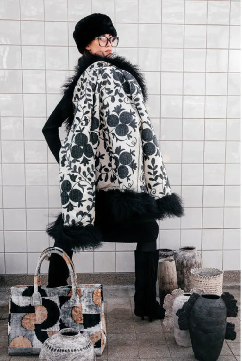 Mantel mit Pelz- & Wollbesatz – Schwarz/Creme