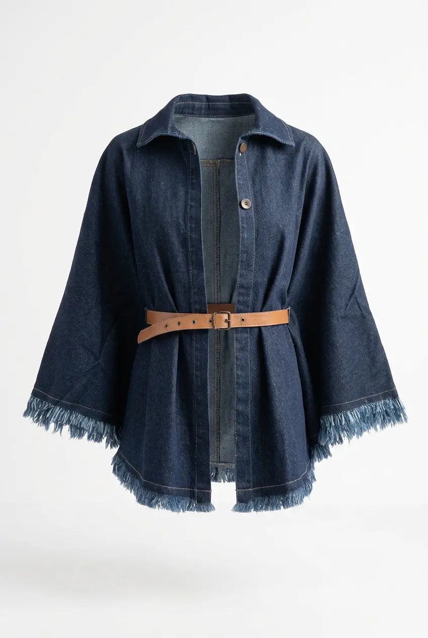 Jeans-Poncho mit Fransen und Gürtel