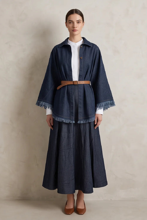 Jeans-Poncho mit Fransen und Gürtel