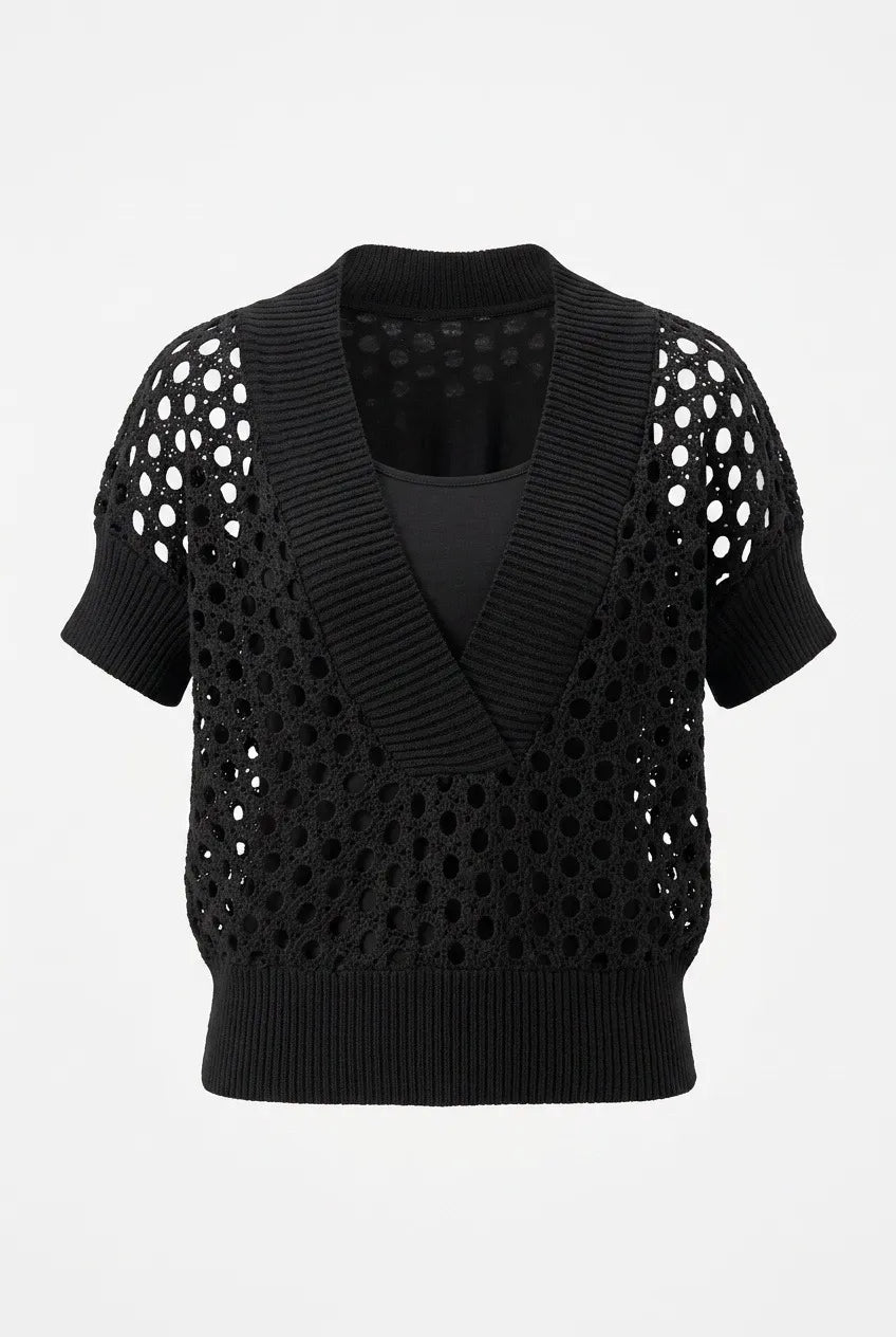 Stricktop mit Ajourmuster & passendem Top – Schwarz