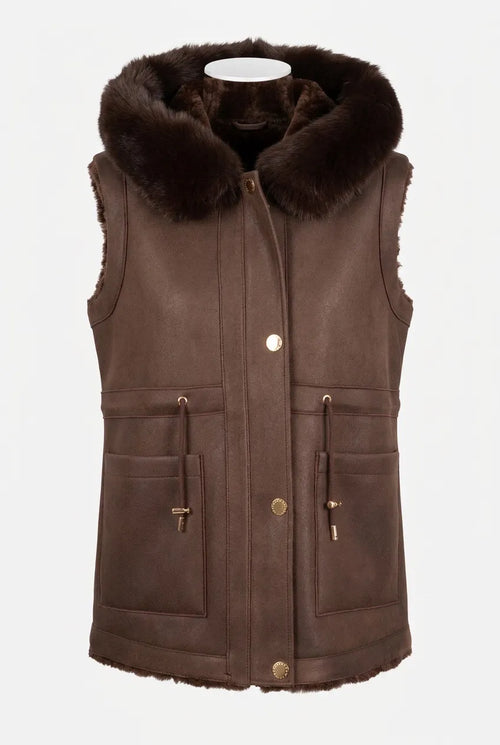 Velour-look vest with hood and faux fur