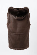 Velour-look vest with hood and faux fur