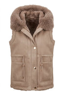Velour-look vest with hood and faux fur