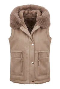 Velour-look vest with hood and faux fur