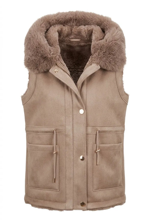 Velour-look vest with hood and faux fur